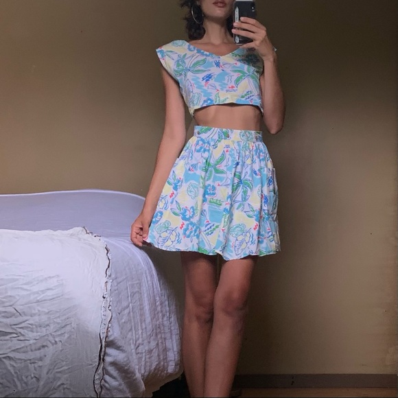 Cute tropical two piece crop top skirts set